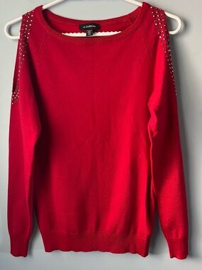 Le Château Red Cold-Shoulder Soft Stretch Sweater Stud Detailing Size S
